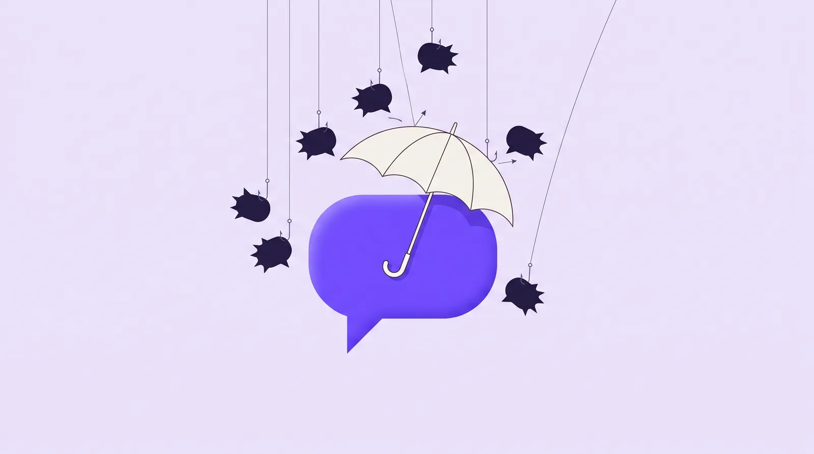 Dymek z parasolem odbijający haczyki pytań — ilustracja